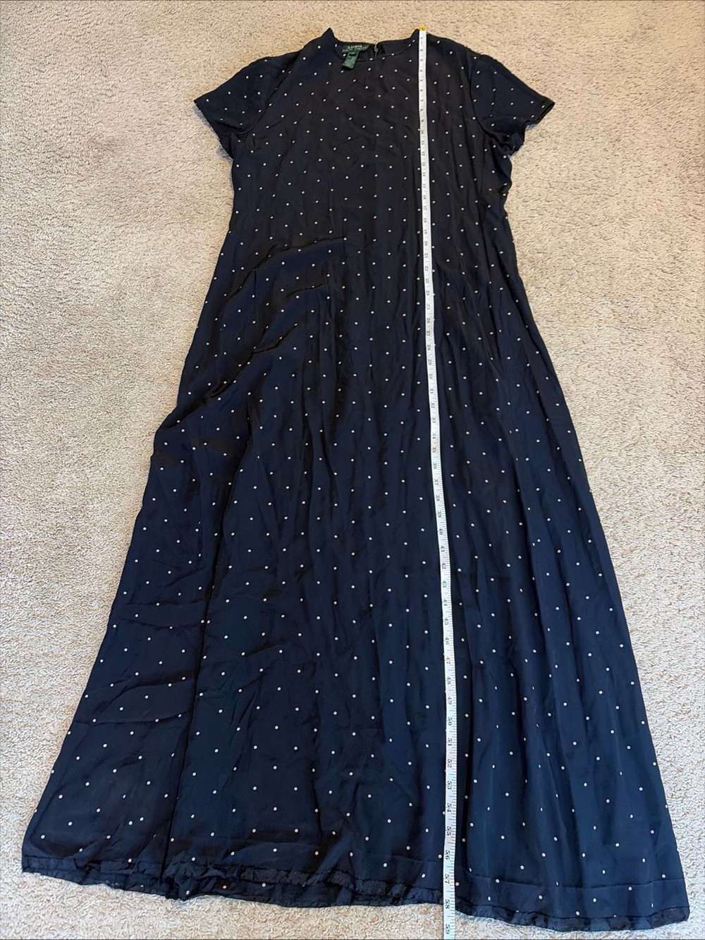 Vintage Lauren Ralph Lauren Navy Blue Beige Polka Dot 100% Silk Maxi Dress Sz 16 - Picture 2 of 5